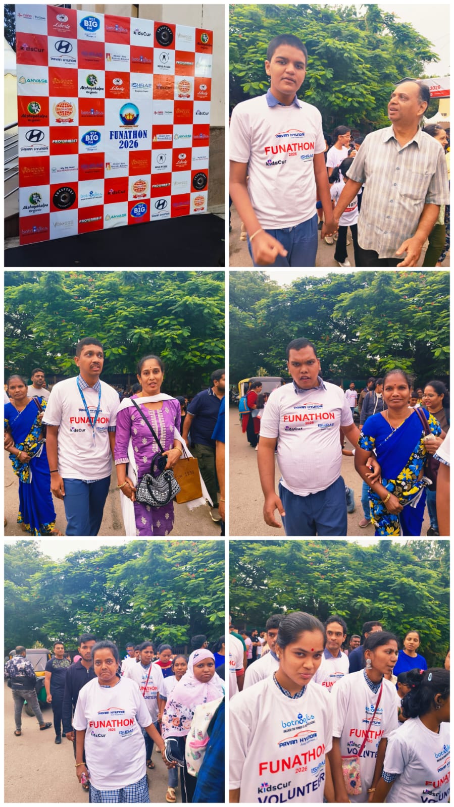 Collage of Funathon 2026 moments — the sponsor backdrop, a Navachethana student walking with a family member, and volunteers in Funathon t-shirts