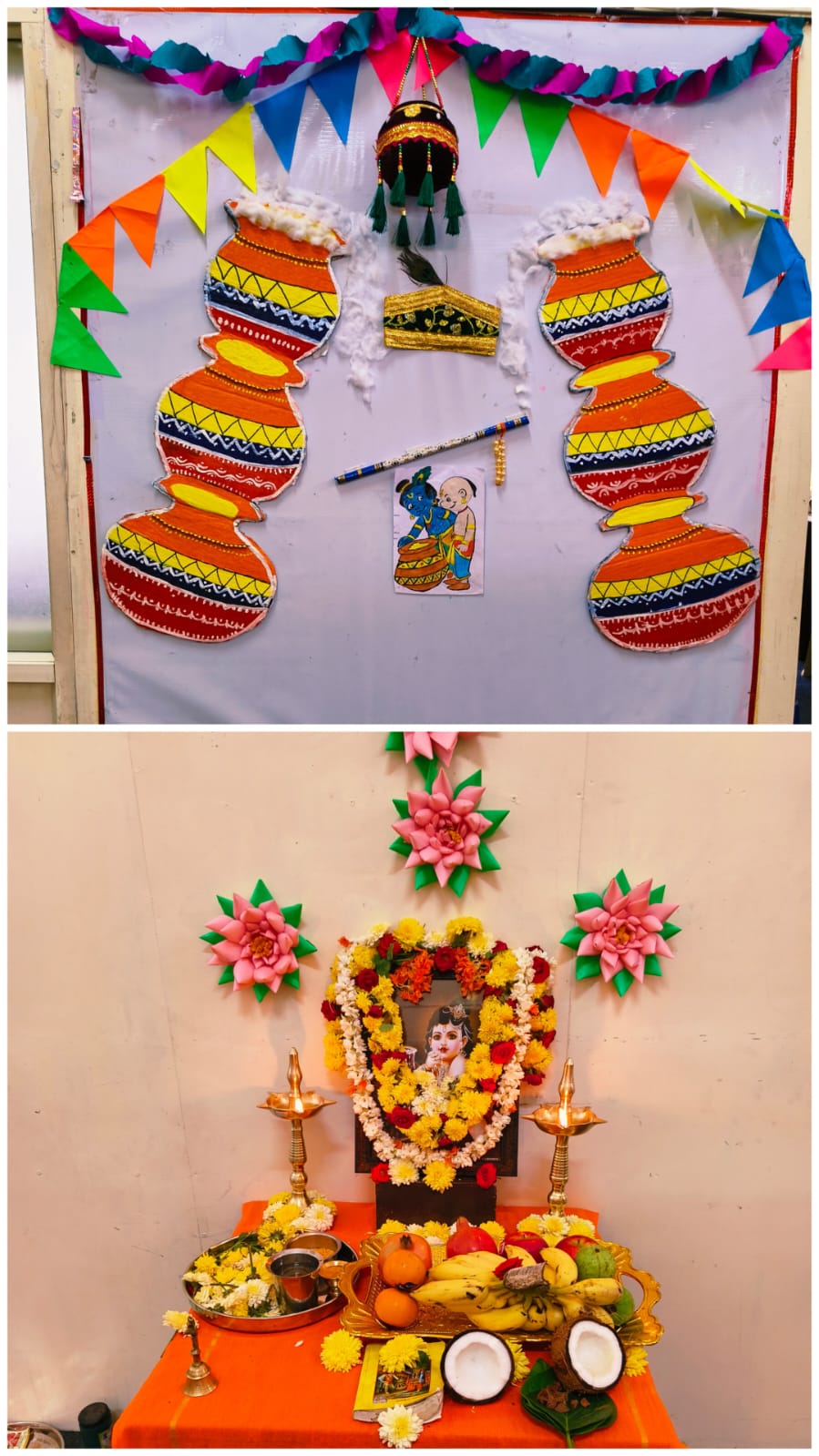 Festive Krishna Janmashtami decorations and altar with flowers and offerings